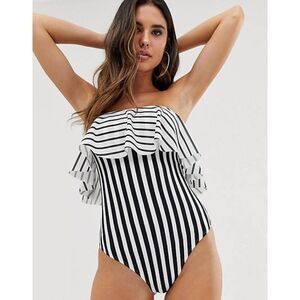 2/$30 ASOS Frill Flounce Front Strapless Bandeau Mono Stripe One Piece Swimsuit